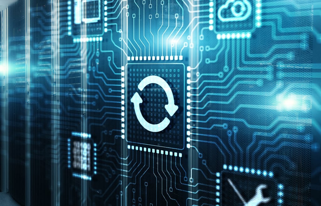 Virtual update software icons linked with integrated circuits on a data center background.